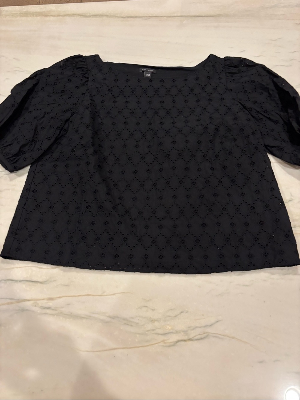 Ann TaylorEyelet Puff-Sleeve Square Neck Top - Black